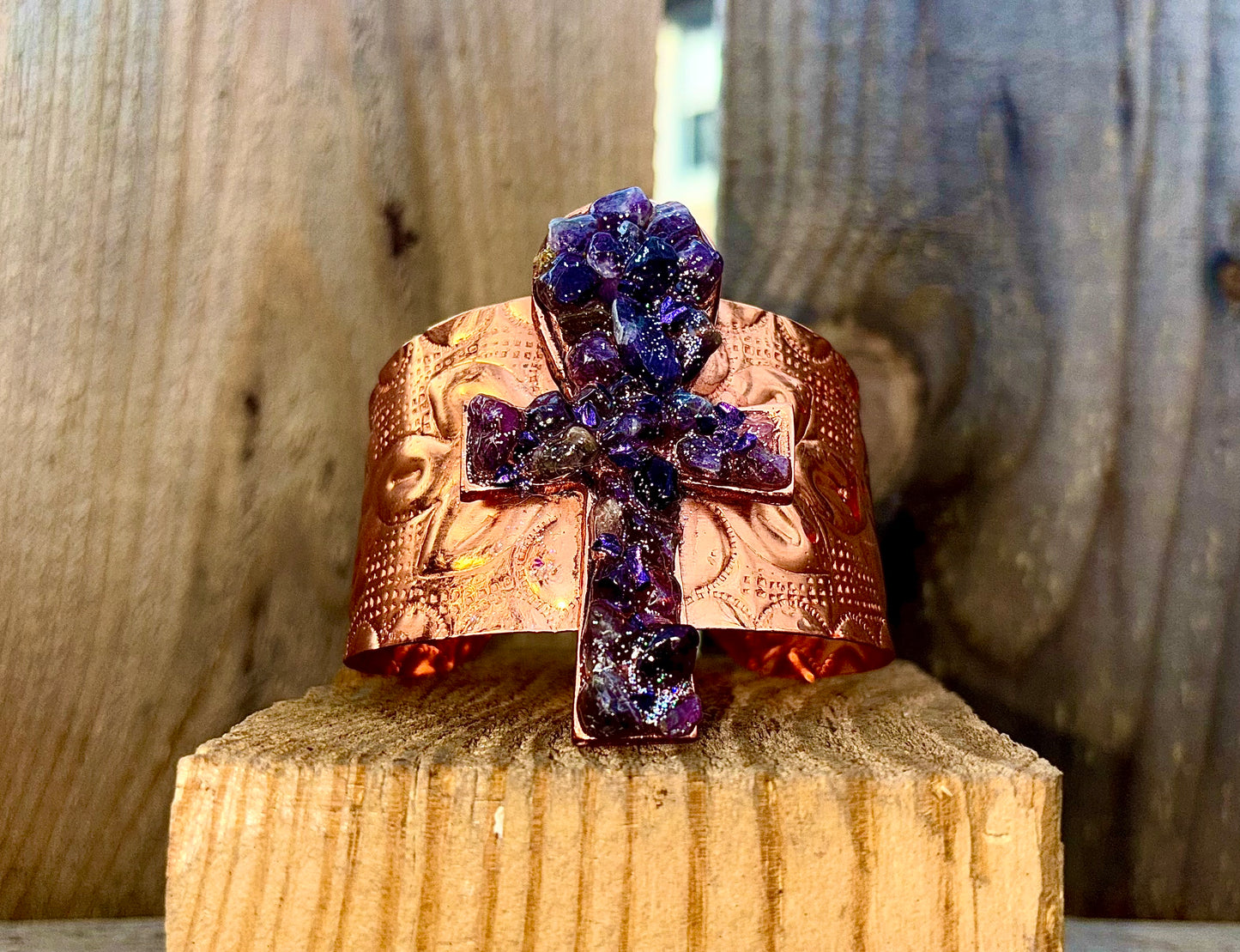 Natural Healing Amethyst Ankh Copper Cuff for Calmness, Protection & Spiritual Insight