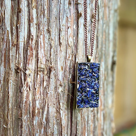 Herb Necklace For Psychic Insight & Protection, Natural Dried Blue Cornflowers & Black Tourmaline, & Black Salt Talisman