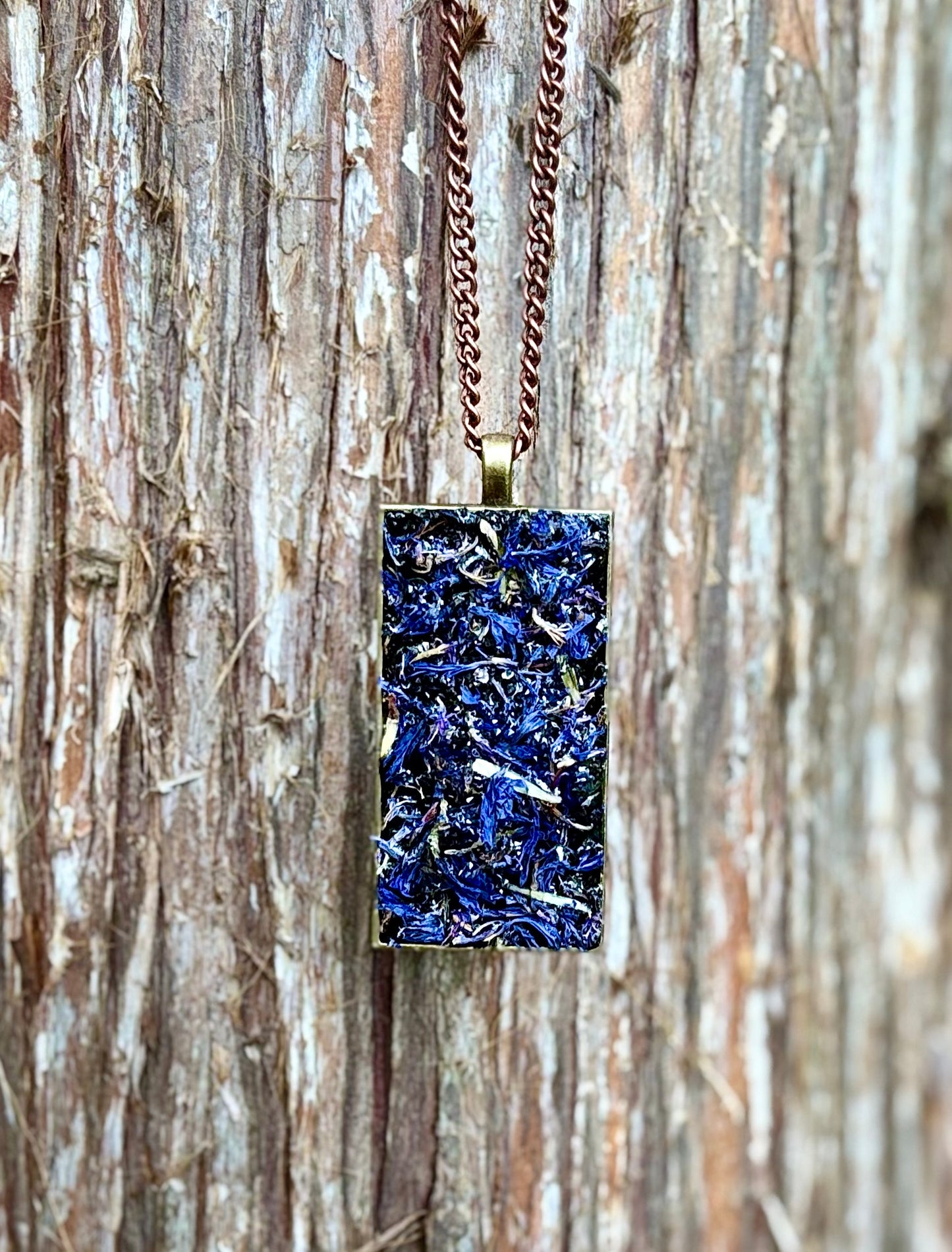 Celestial Calming Necklace • Dried Blue Cornflowers & Black Tourmaline - The Channel Shop
