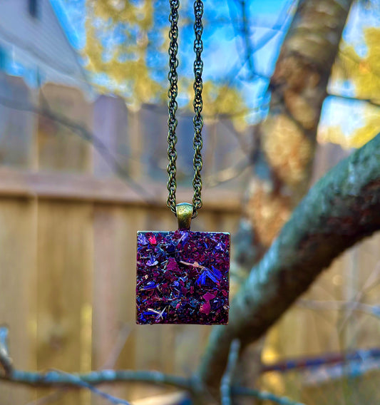 Herb Necklace For Divine Intervention & Soul Memory, Black Salt, Rose Petals, Forget Me Not Flower/Myosotis Flower, Garnet Granada Crystal Necklace