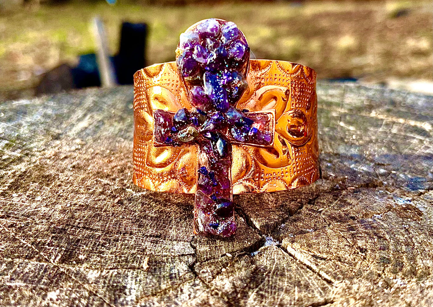 Natural Healing Amethyst Ankh Copper Cuff for Calmness, Protection & Spiritual Insight