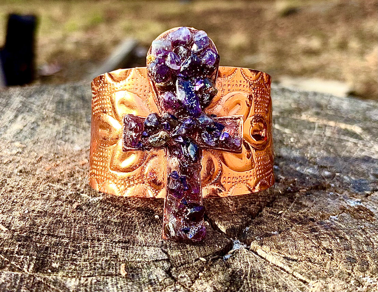 Natural Healing Amethyst Ankh Copper Cuff for Calmness, Protection & Spiritual Insight