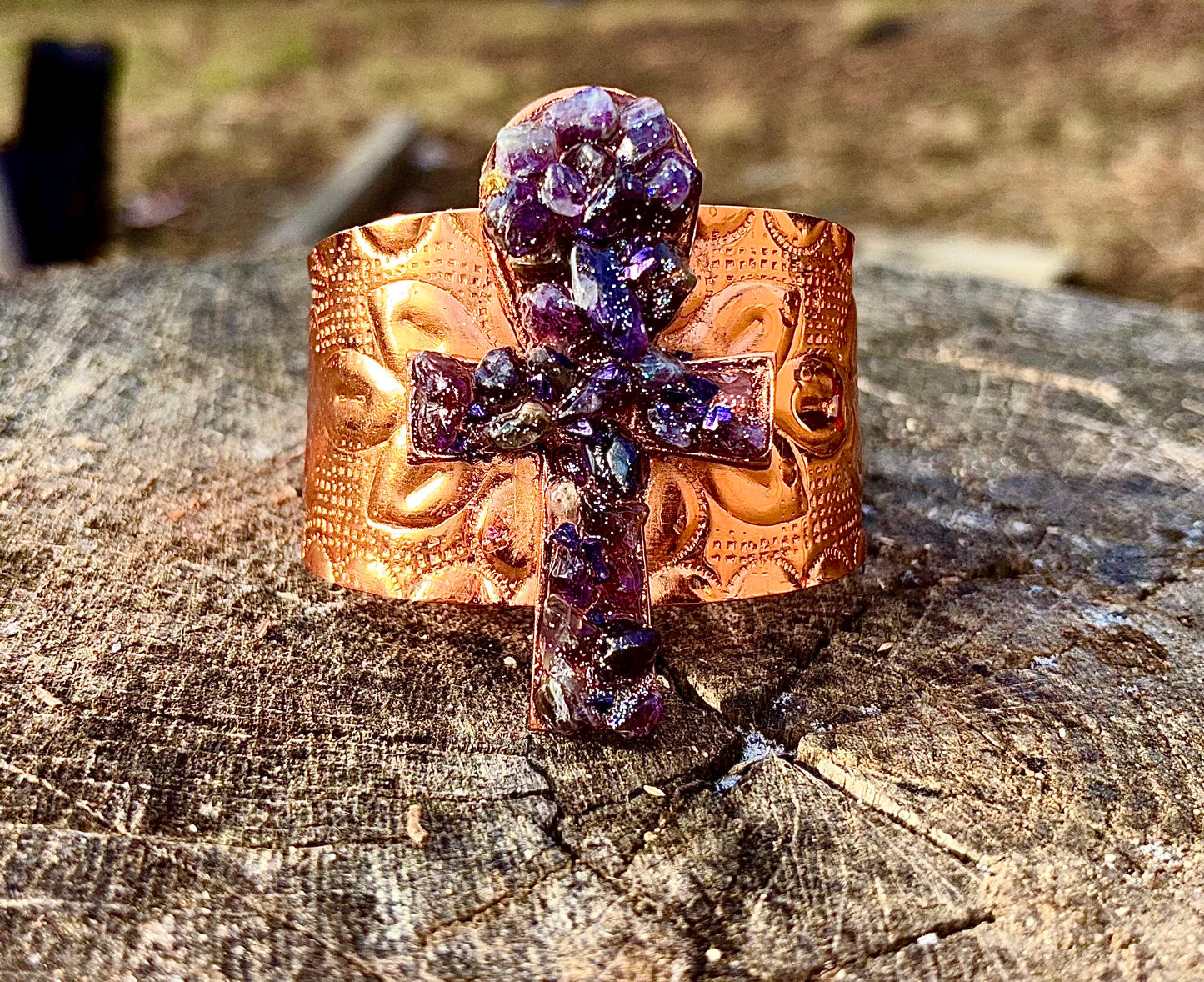 Natural Healing Amethyst Ankh Copper Cuff for Calmness, Protection & Spiritual Insight