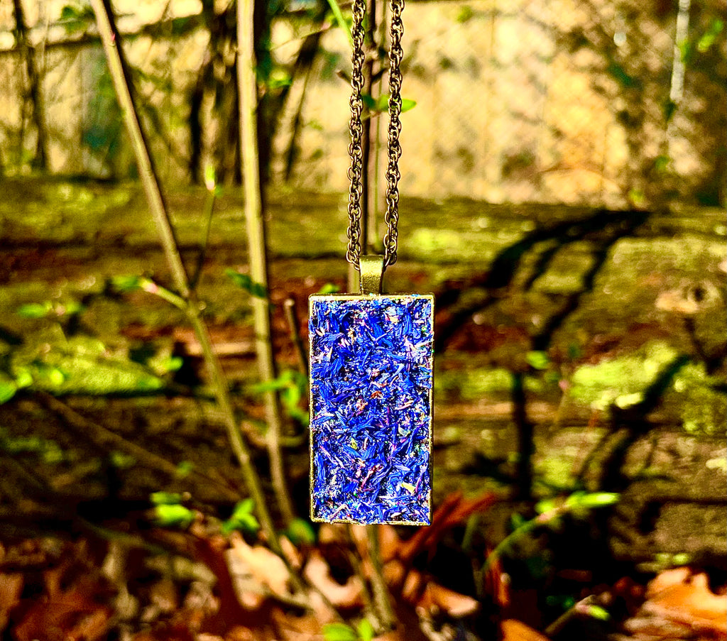 Herb Necklace For Psychic Insight & Protection, Natural Dried Blue Cornflowers & Black Tourmaline, & Black Salt Talisman