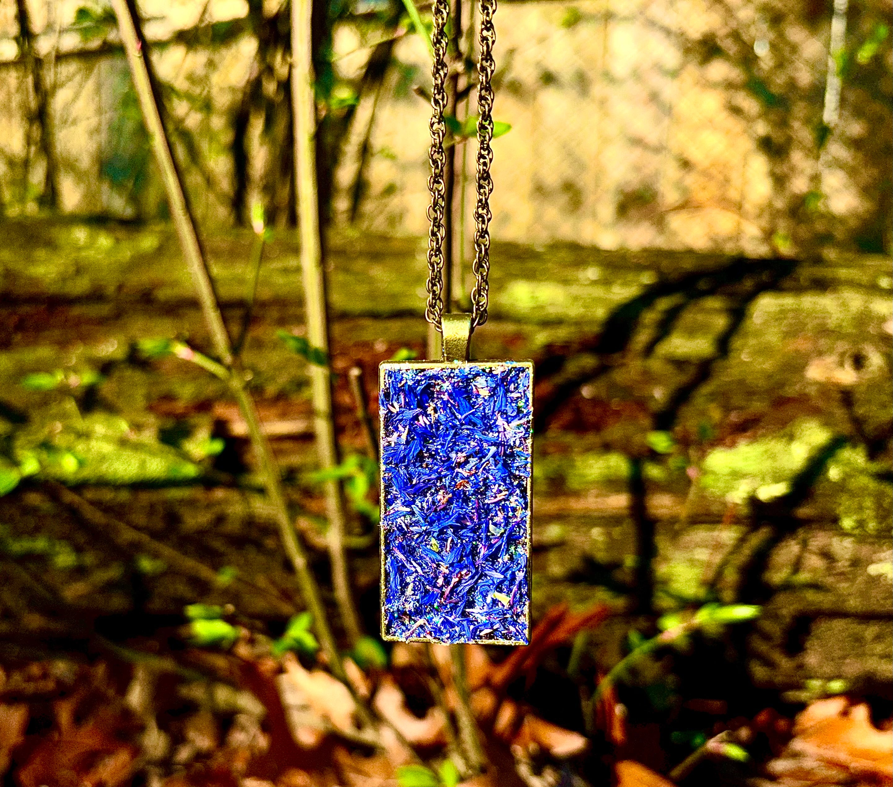 Herb Necklace For Psychic Insight & Protection, Natural Dried Blue Cornflowers & Black Tourmaline, & Black Salt Talisman