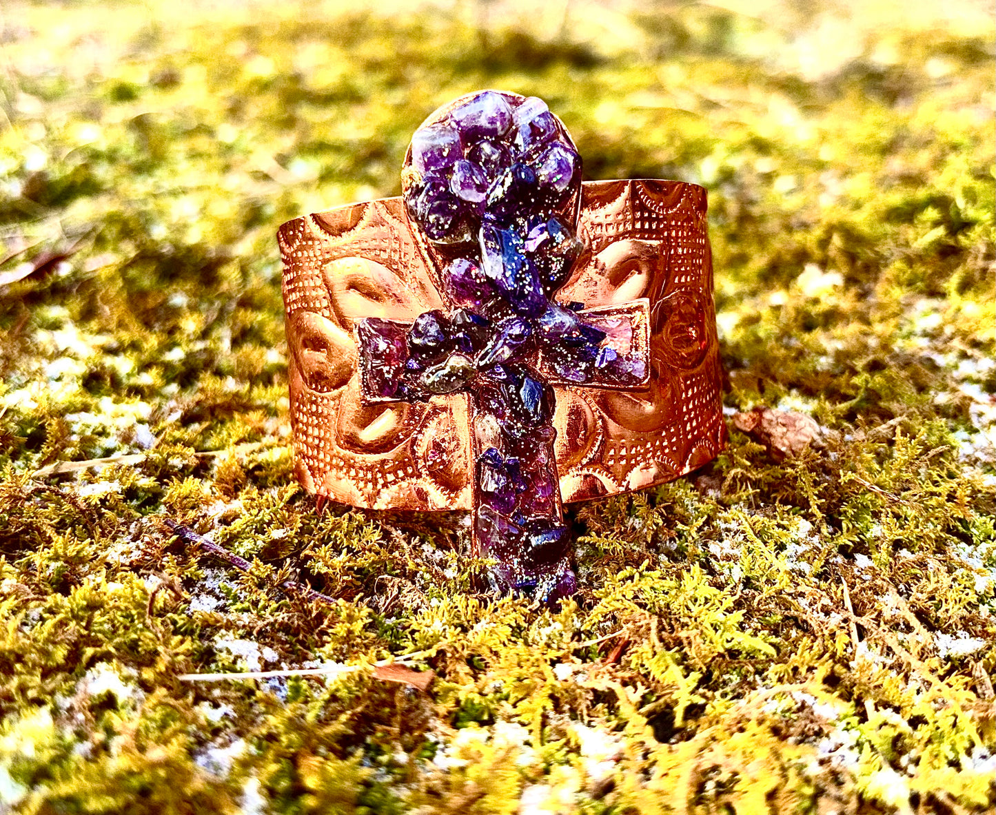 Natural Healing Amethyst Ankh Copper Cuff for Calmness, Protection & Spiritual Insight