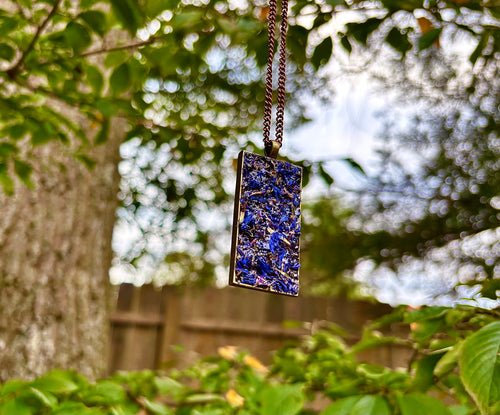 Herb Necklace For Psychic Insight & Protection, Natural Dried Blue Cornflowers & Black Tourmaline, & Black Salt Talisman