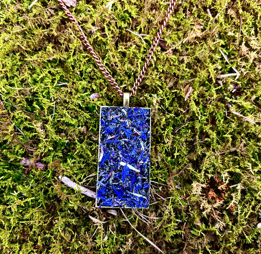 Herb Necklace For Psychic Insight & Protection, Natural Dried Blue Cornflowers & Black Tourmaline, & Black Salt Talisman