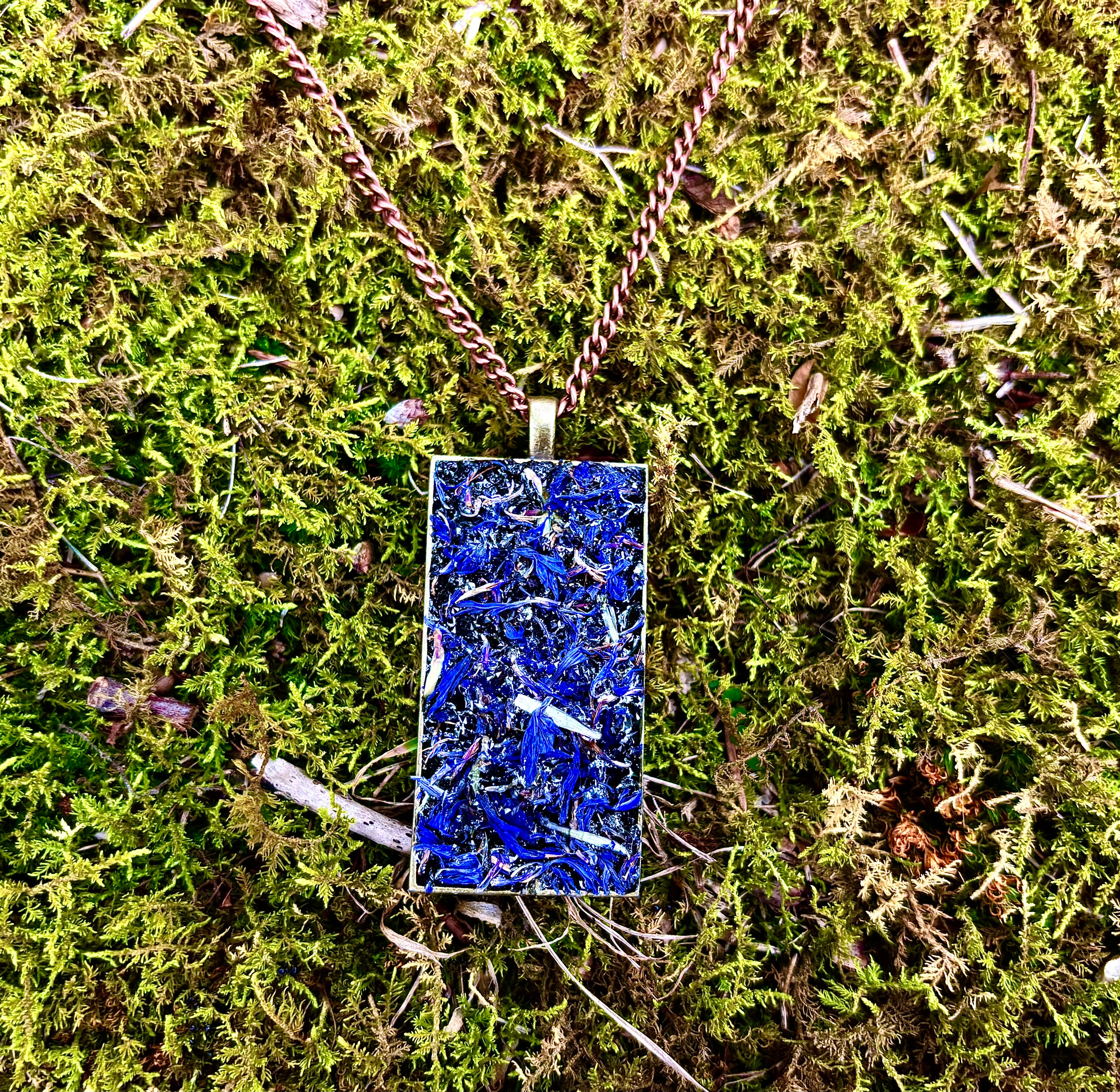 Herb Necklace For Psychic Insight & Protection, Natural Dried Blue Cornflowers & Black Tourmaline, & Black Salt Talisman