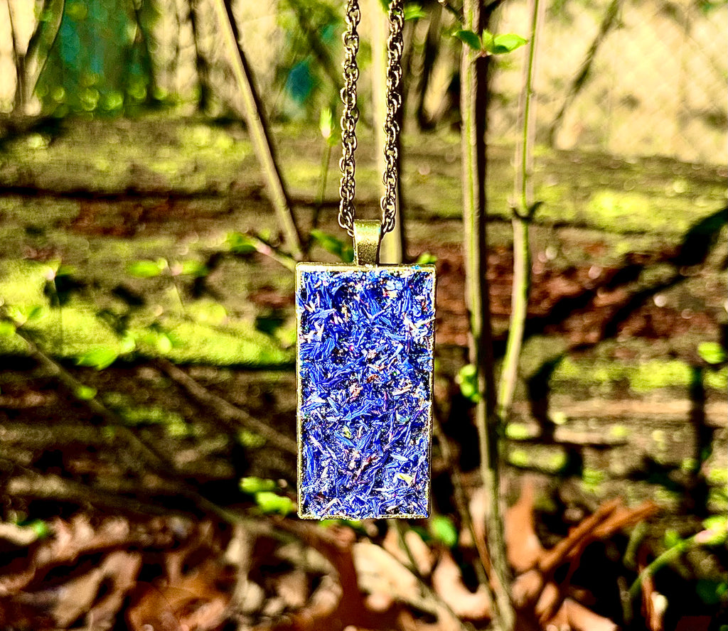 Herb Necklace For Psychic Insight & Protection, Natural Dried Blue Cornflowers & Black Tourmaline, & Black Salt Talisman