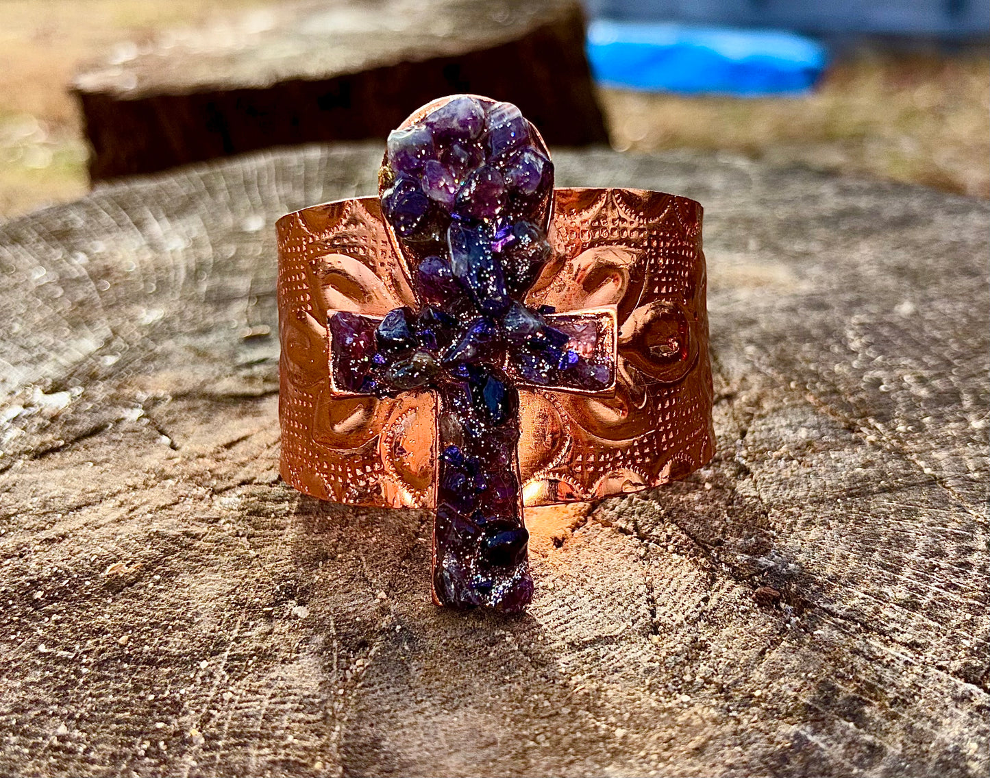 Natural Healing Amethyst Ankh Copper Cuff for Calmness, Protection & Spiritual Insight