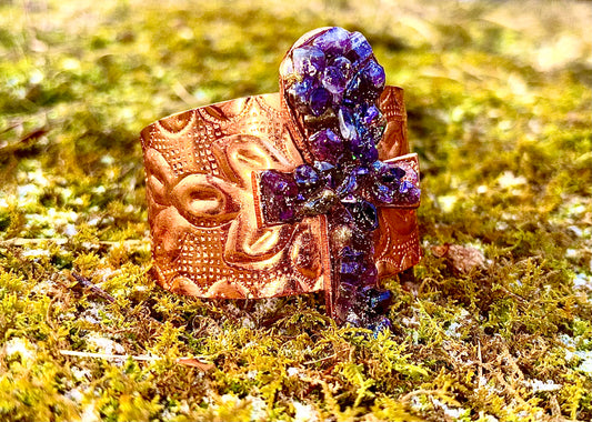 Natural Healing Amethyst Ankh Copper Cuff for Calmness, Protection & Spiritual Insight