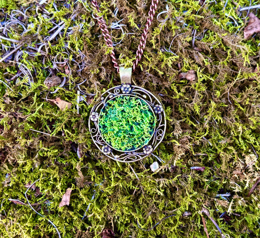 Grounding Earthy Natural Moss & Black Tourmaline Energy Amulet Pendant - Prosperity & Grounding Necklace