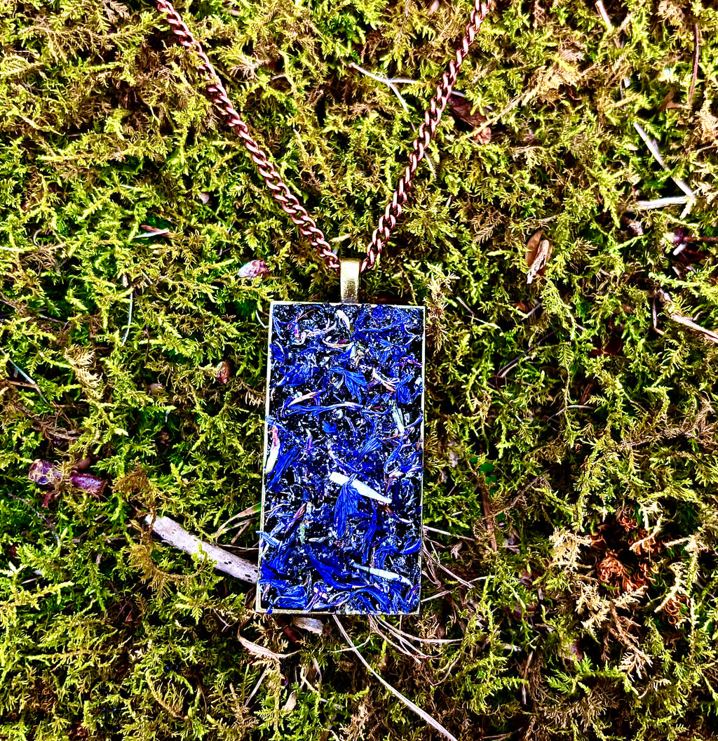 Herb Necklace For Psychic Insight & Protection, Natural Dried Blue Cornflowers & Black Tourmaline, & Black Salt Talisman