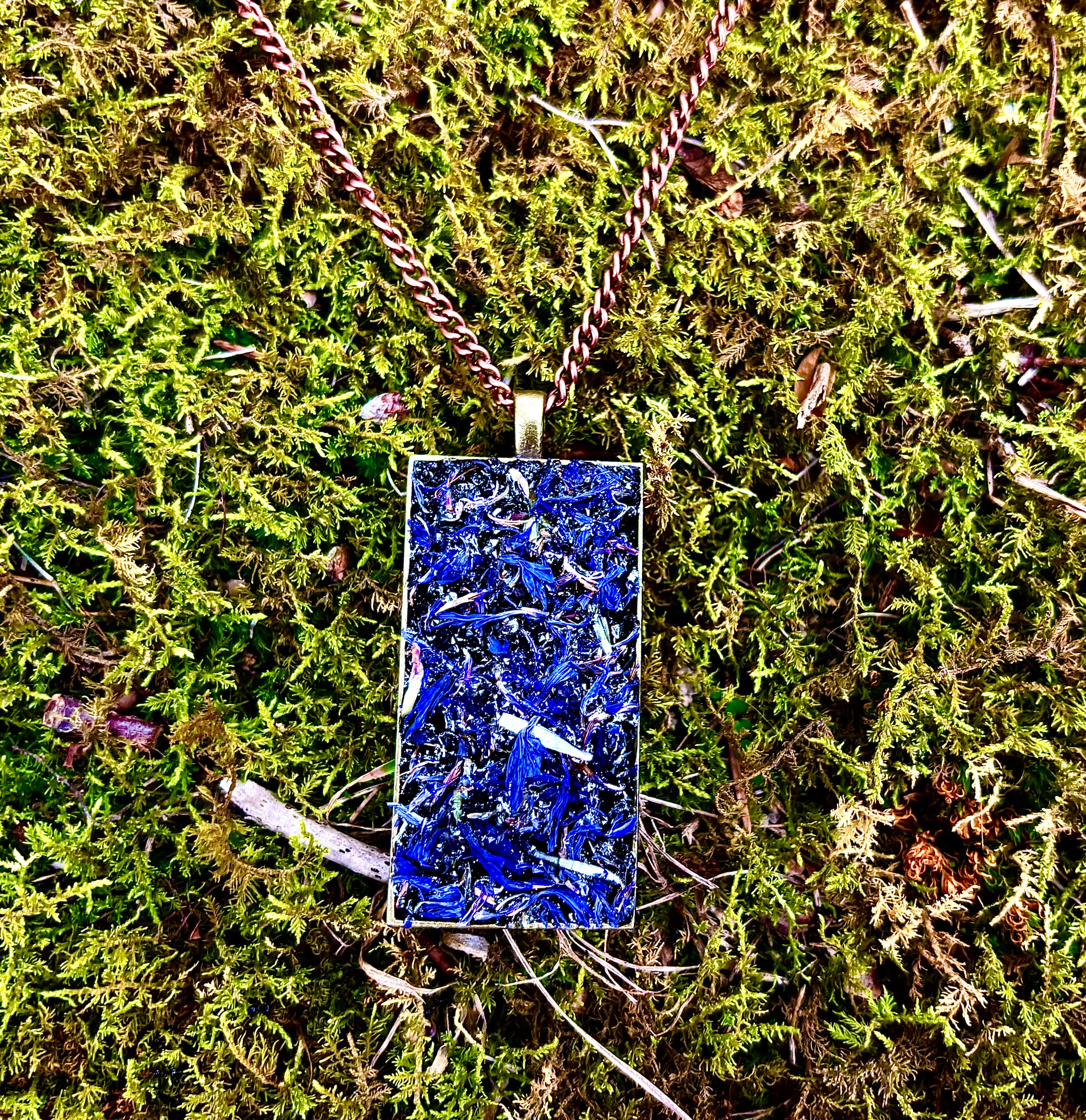 Herb Necklace For Psychic Insight & Protection, Natural Dried Blue Cornflowers & Black Tourmaline, & Black Salt Talisman