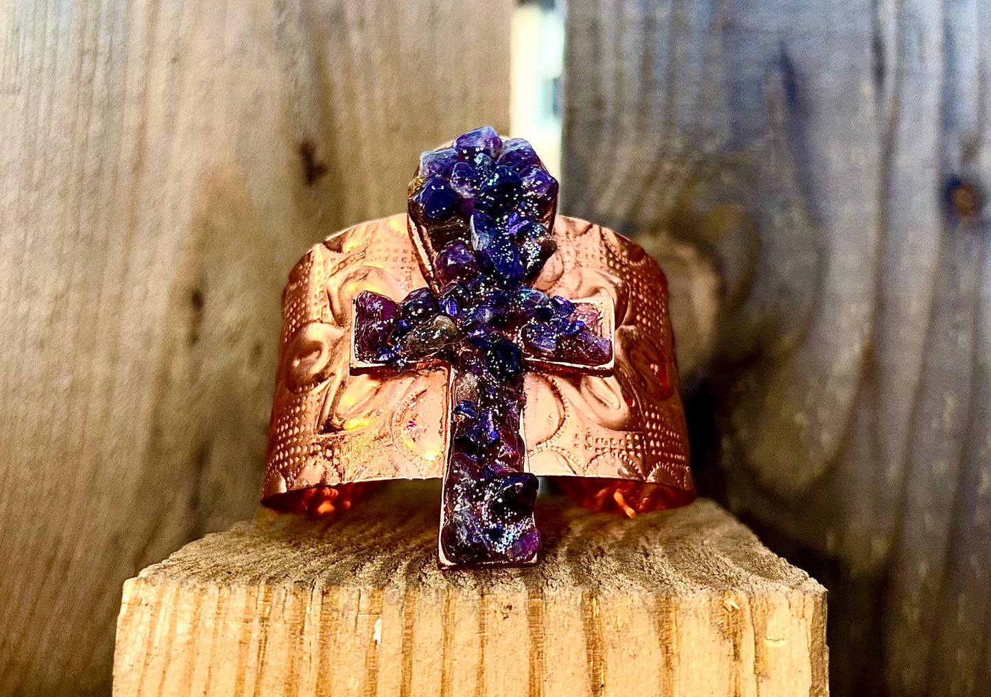Natural Healing Amethyst Ankh Copper Cuff for Calmness, Protection & Spiritual Insight
