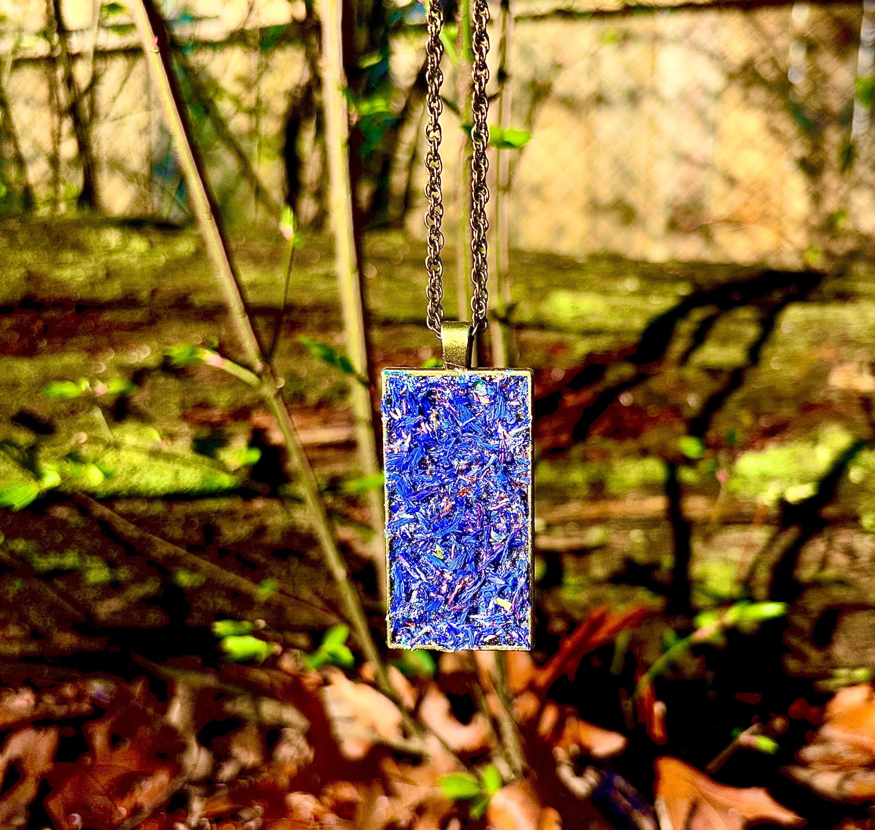 Herb Necklace For Psychic Insight & Protection, Natural Dried Blue Cornflowers & Black Tourmaline, & Black Salt Talisman